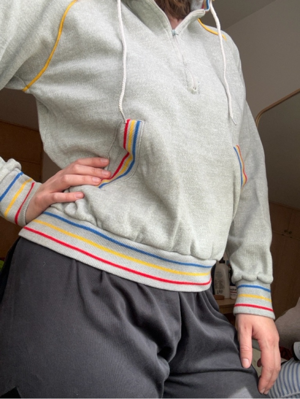 Vintage Light Grey Quarter-Zip Hoodie Sweater with Rainbow Trim